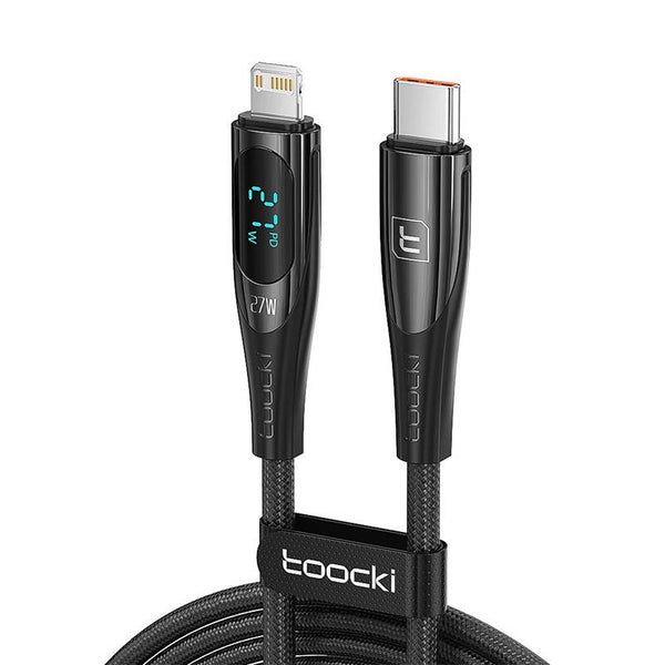 Cablu Date si Incarcare Toocki, Afisaj Digital LED, USB-C la Lightning, Fast Charge 27W, 1M, Negru