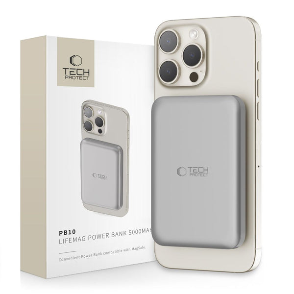 Powerbank Magnetic Wireless TECH-PROTECT LifeMag, Compatibila MagSafe, Putere 15W, Cablu USB-C Inclus, Titanium