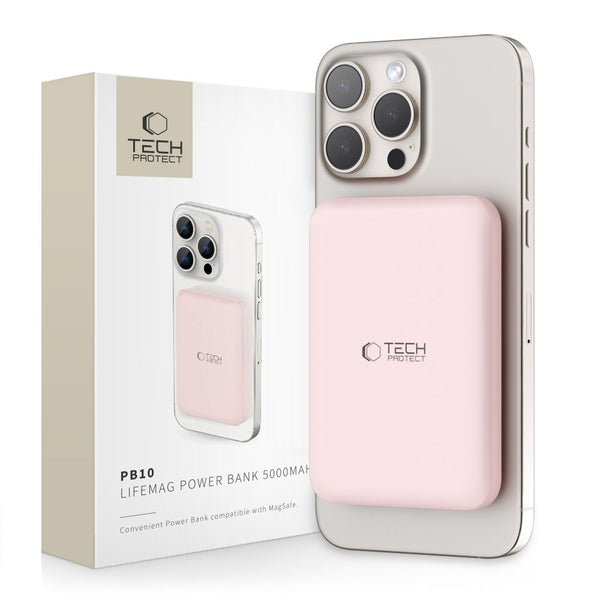 Powerbank Magnetic Wireless TECH-PROTECT LifeMag, Compatibila MagSafe, Putere 15W, Cablu USB-C Inclus, Roz