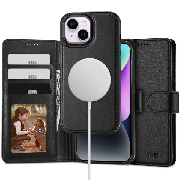 Husa de Protectie TECH-PROTECT Wallet pentru iPhone, Compatibila Magsafe, Piele Ecologica, Incarcare Wireless, Negru