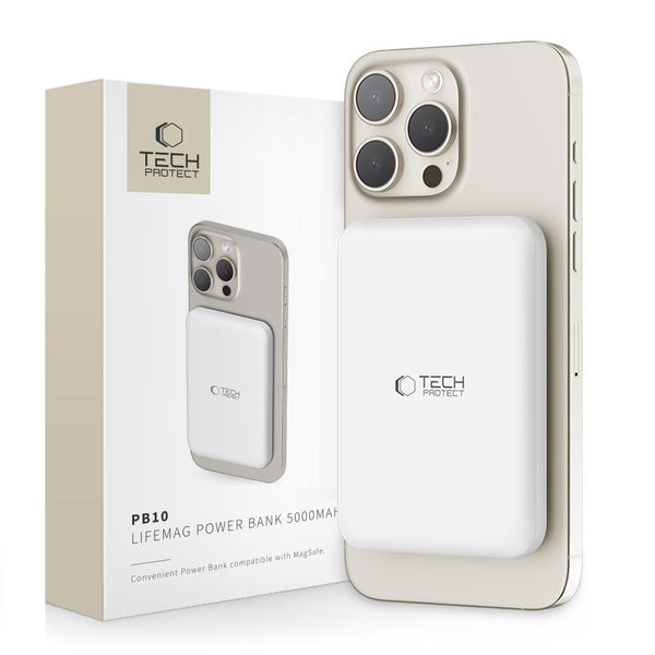 Powerbank Magnetic Wireless TECH-PROTECT LifeMag, Compatibila MagSafe, Putere 15W, Cablu USB-C Inclus, Alb