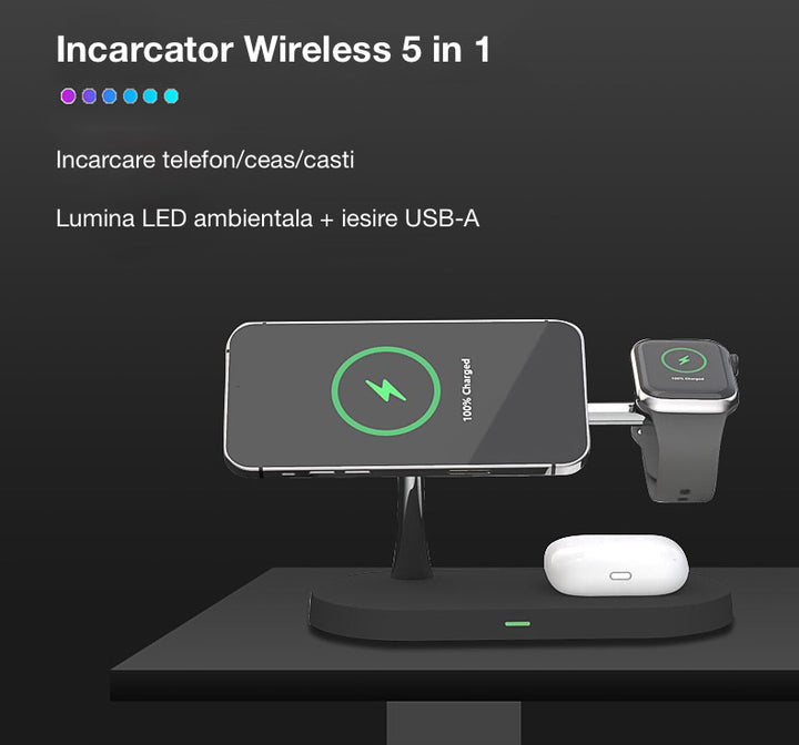 Incarcator Magnetic Wireless 5 in 1 15W QI Fast Charge, Compatibil Apple - iFan.RO