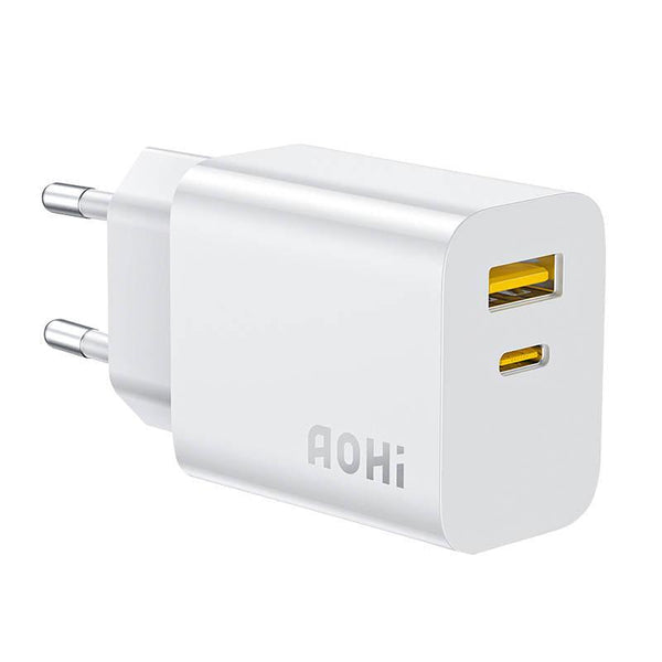 Incarcator de Retea AOHI GaN, 1 x USB-C, 1 x USB-A, 20W, Alb