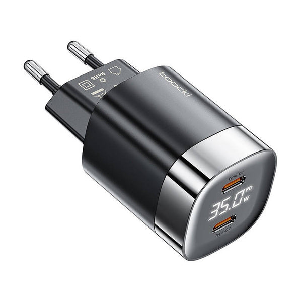 Incarcator de Retea GaN Toocki, Fast Charge, Afisaj Digital LED, 2 x USB-C, 35W, Negru