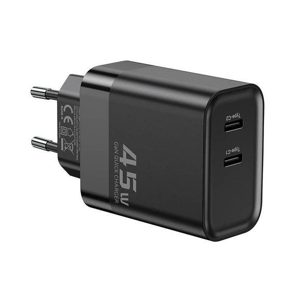 Incarcator de Retea GaN Toocki, Fast Charge, 2 x USB-C, 45W, Negru