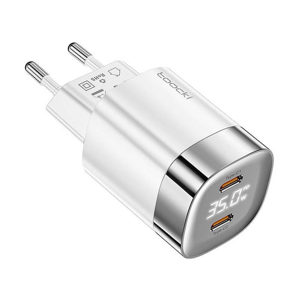 Incarcator de Retea GaN Toocki, Fast Charge, Afisaj Digital LED, 2 x USB-C, 35W, Alb