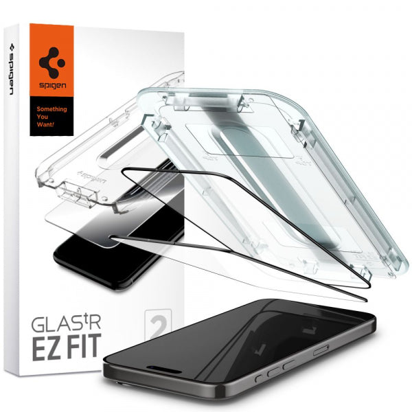 Folie de protectie Ecran Spigen GlastR EZ FIT pentru Apple iPhone 15 Pro, Sticla Securizata, Full Glue, Set 2 bucati, Neagra