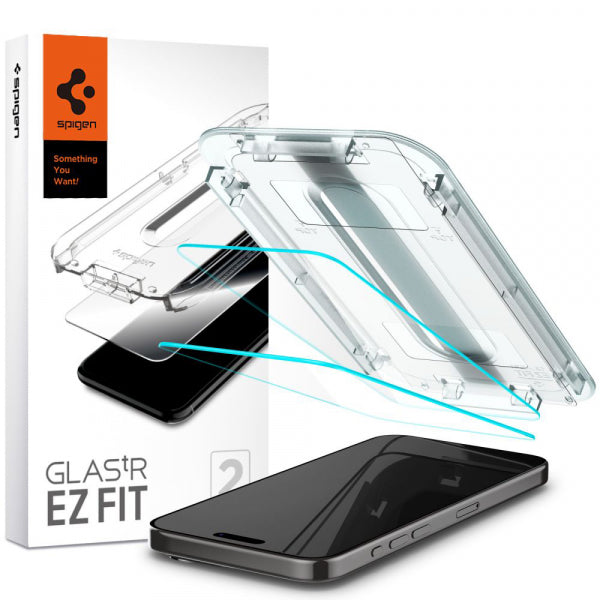Folie de protectie Ecran Spigen GlastR EZ FIT pentru Apple iPhone 15 Pro, Sticla Securizata, Full Glue, Set 2 bucati