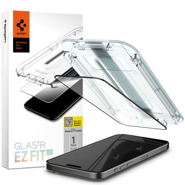 Folie de protectie Ecran Spigen GlastR EZ FIT HD pentru Apple iPhone 15 Pro Max, Sticla Securizata, Full Glue, Neagra