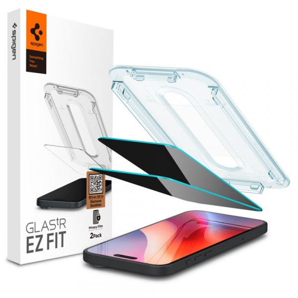 Folie de protectie Ecran Privacy Spigen GlastR EZ FIT pentru Apple iPhone 17 Pro / 17 / 16 Pro, Sticla Securizata, Full Glue, Set 2 bucati