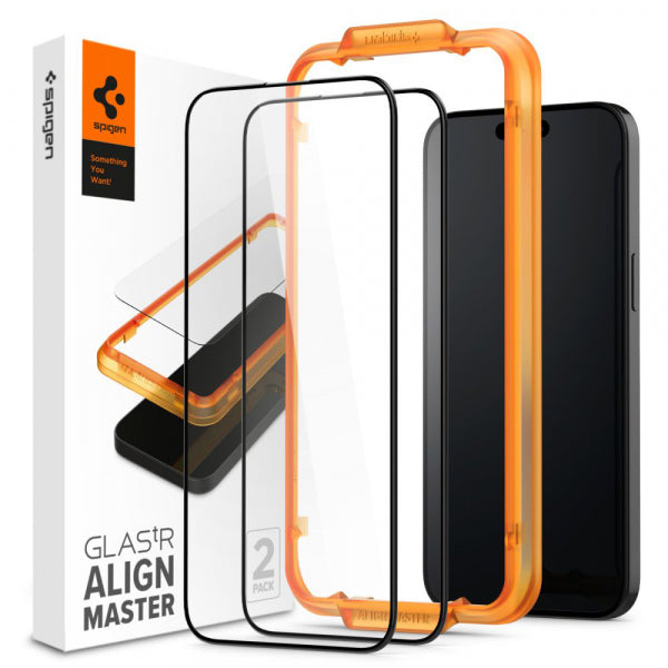 Folie de protectie Ecran Spigen GlastR Align Master pentru Apple iPhone 15 Pro Max, Sticla Securizata, Full Glue, Set 2 bucati, Neagra