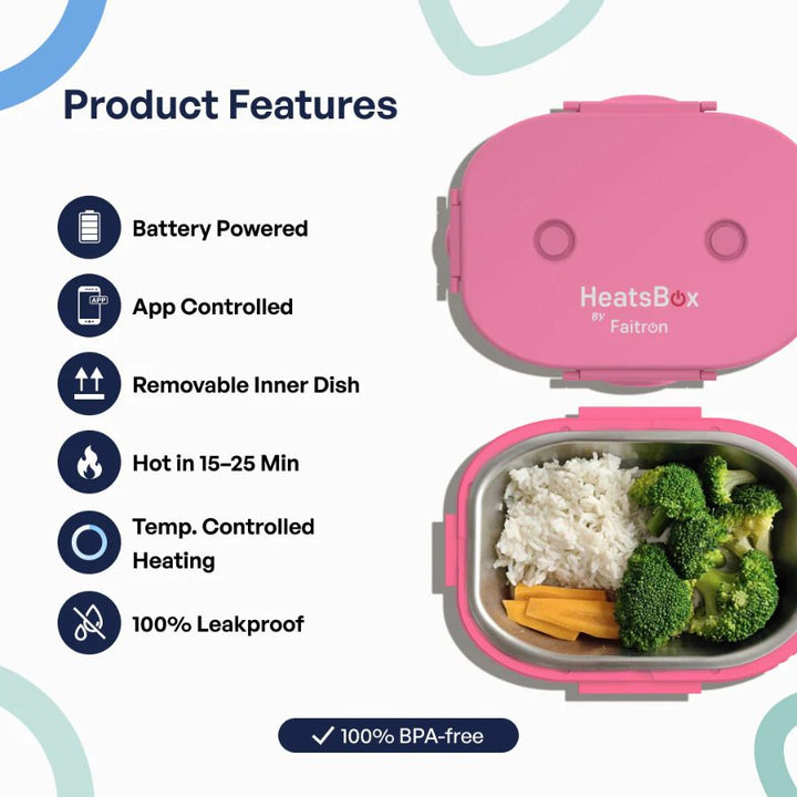 Cutie Inteligentă Pentru Prânz, Faitron HeatsBox GO Light, Temperatură Reglabilă, Baterie alimentare incorporată, Control prin aplicatie