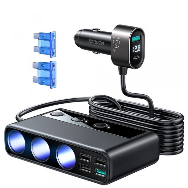 Incarcator Auto Joyroom JR-CL06, 154W, 3A, 1 x USB-C - 4 x Extensie Bricheta - 4 x USB-A, Negru