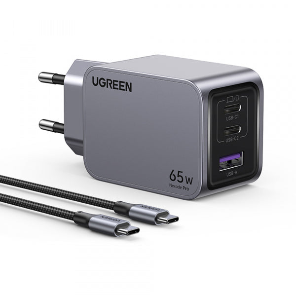 Incarcator Retea Cu Cablu USB-C UGREEN X755 Nexode Pro, 65W, 3A, 1 x USB-A - 2 x USB-C, Gri