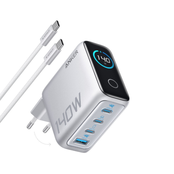 Incarcator Retea Cu Cablu USB-C Anker Zolo, 140W, 5A, 1 x USB-A - 3 x USB-C, Argintiu