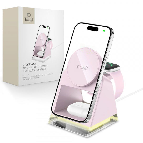 Incarcator Retea Wireless Tech-Protect A43 3in1, 15W, 1.67A, Roz