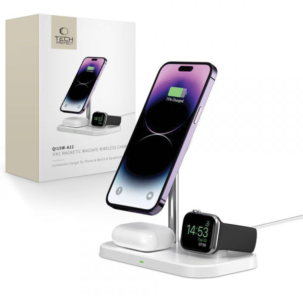 Incarcator Retea Wireless Tech-Protect A22 3in1, 15W, 1.67A, Alb