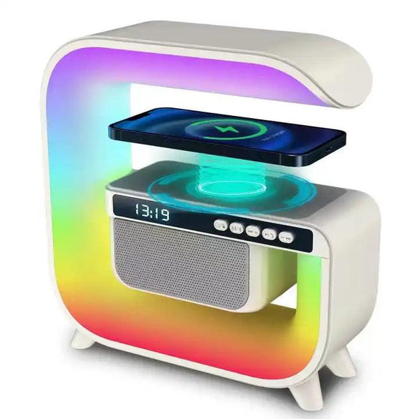 Incarcator Wireless 15W iFan cu Boxa Bluetooth, Ceas Digital, Lampa cu Lumina Ambientala LED RGB, Incarcare Rapida, Radio FM, Compatibil Apple si Android, Samsung, Huawei, Xiaomi, Alb