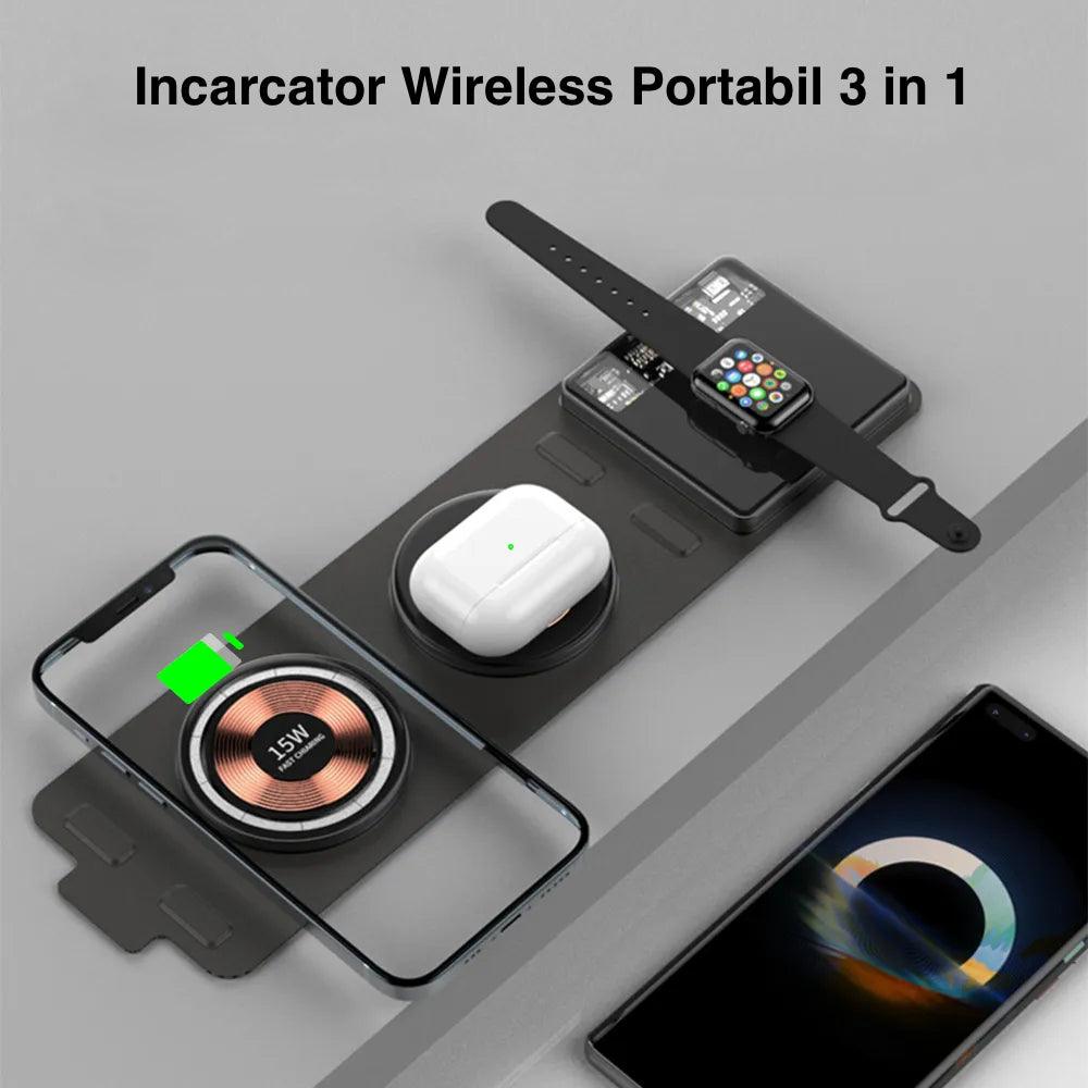 Încărcător Wireless 3 in 1 Portabil QI Fast Charge 15W - iFan.RO