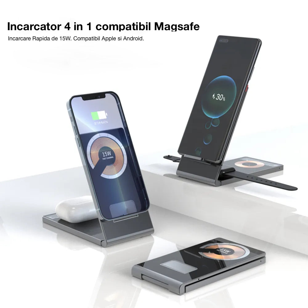 Încărcător Wireless 4 in 1 Pliabil QI Fast Charge 15W - iFan.RO