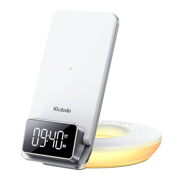 Incarcator Wireless Mcdodo CH-1610, Putere 15W, Lumina Ambientala, Ceas cu Afisaj Digital, Alb