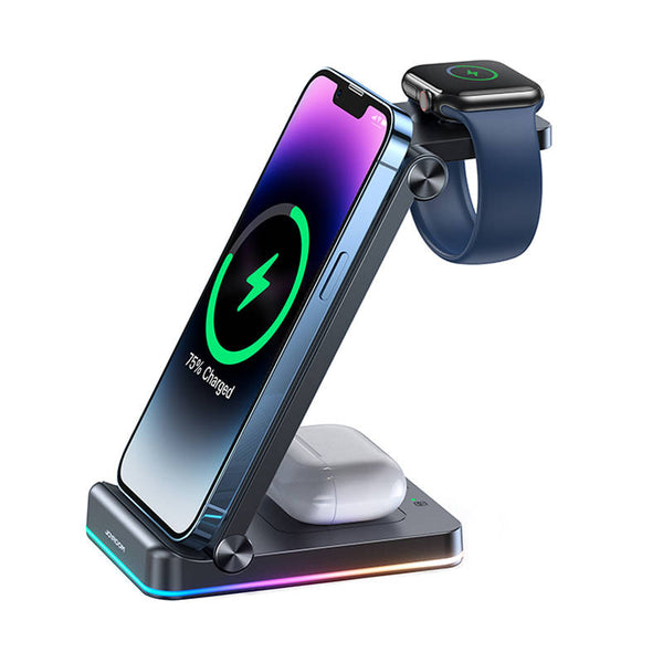 Incarcator Wireless 3 in 1 Joyroom JR-WQN01, Putere de Incarcare 15W, Lumina Ambientala LED, Compatibil iPhone, Apple Watch, Airpods, Negru